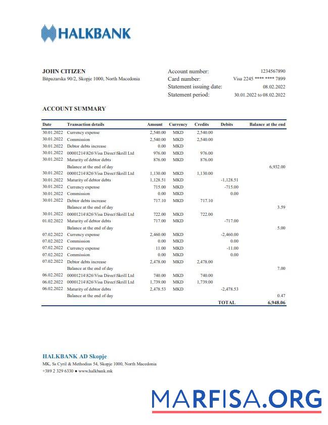 Blank Macedonia Halkbank bank statement excel sample